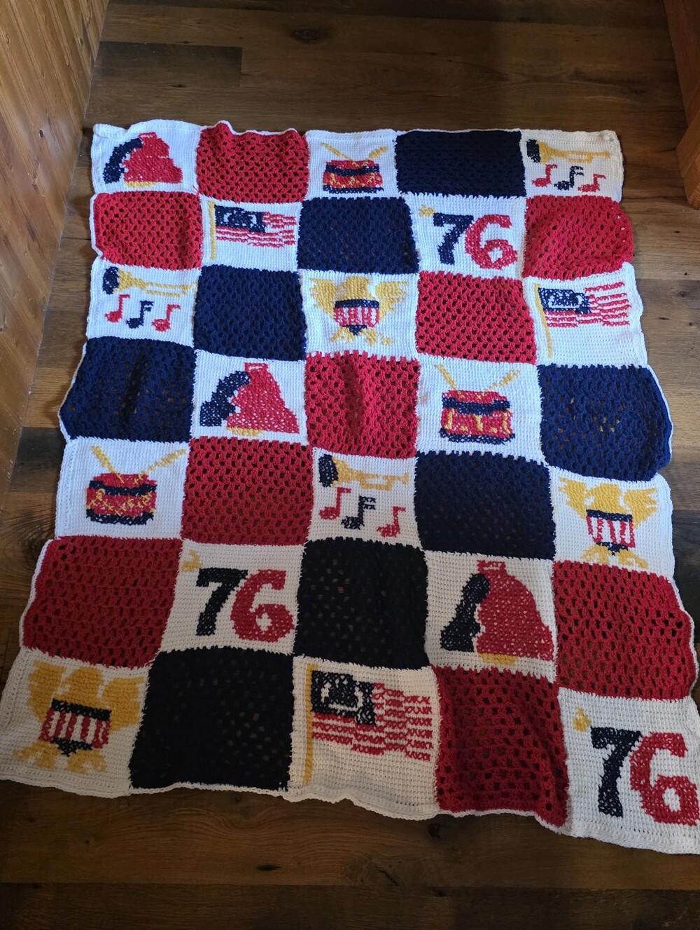 Bicentenial Patriotic Handmade Crochet Throw - Red, Navy, White, Yellow